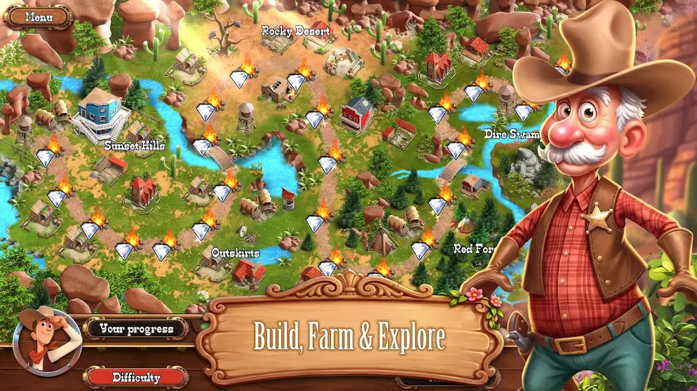 Spielszene aus Country Tales: Wild West — eine Übersichtskarte mit den Abschnitten Rocky Desert und Sunset Hills, Kakteen, Felsen und einem älteren Cowboy mit Sternabzeichen