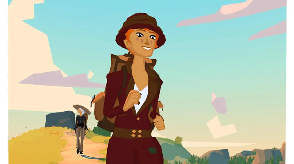 Spielszene aus The Trail — eine Wanderin mit Rucksack auf einem Pfad durch die Prärie, dahinter ein weiterer Reisender und Tafelberge
