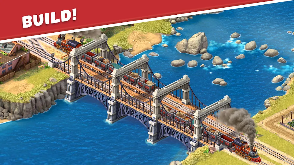 Bildschirmaufnahme aus Wild West City: Building Sim — eine hölzerne Trestlebrücke über dem Fluss, darauf zwei Dampfloks mit Güterwagen