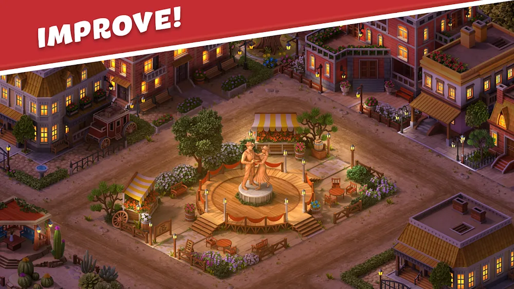 Spielszene aus Wild West City: Building Sim — ein Stadtplatz mit Holzhäusern, Postkutsche, Marktstand und Kakteen am Rand